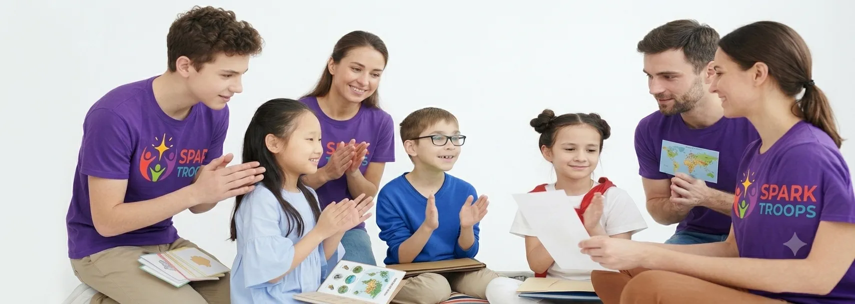 Teen volunteers and children in a story circle, clapping and reading together