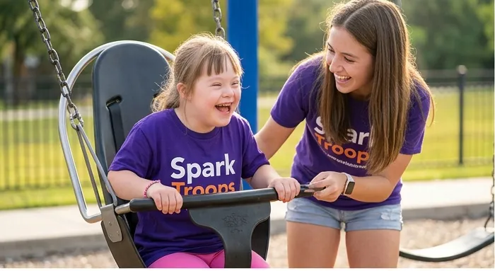 A girl laughing with delight on an adaptive swing while a teen volunteer in a SparkTroops shirt leans in beside her